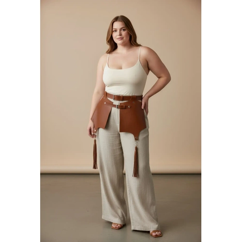B�y�k Beden Taba Kad�n Deri Kemer, Korse ve P�sk�l Detayl� Harness - APFT985