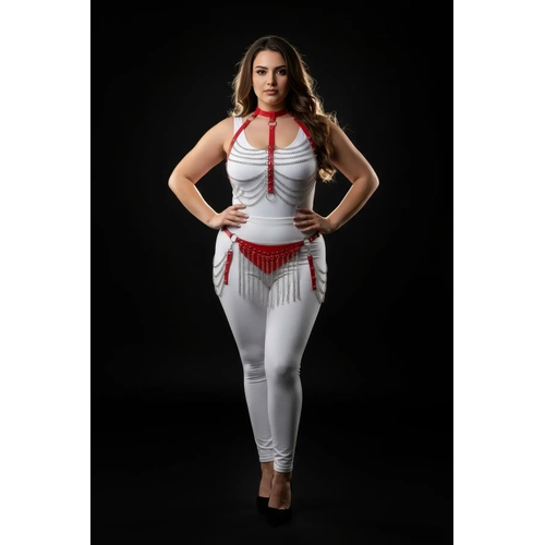 B�y�k Beden K�rm�z� Kad�n Deri Harness Tak�m Zincir Detayl� Fantezi Aksesuar - APFT328