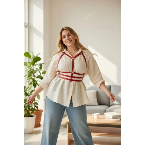 B�y�k Beden K�rm�z� Kad�n Kemer Korse Detayl� Deri Harness Aksesuar� - APFT543
