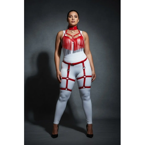 B�y�k Beden K�rm�z� Kad�n Deri Harness Tak�m P�sk�l Detayl� Jartiyerli - APFT715