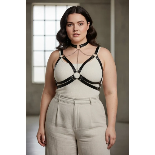 B�y�k Beden Siyah Kad�n Kemer Zincir Detayl� Deri Harness V�cut Aksesuar� - APFT797