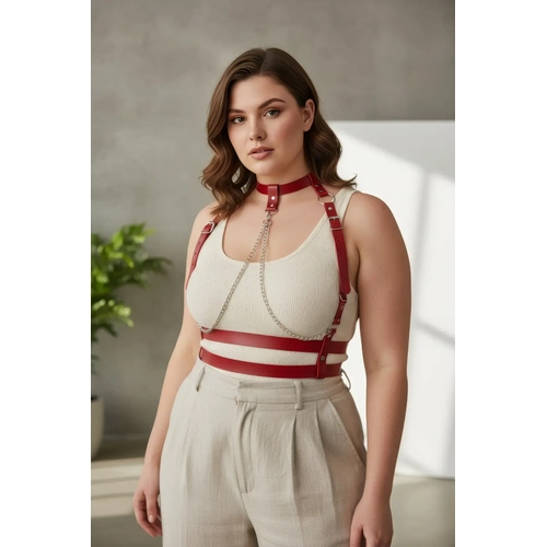 B�y�k Beden K�rm�z� Kad�n Kemer Zincir Detayl� Deri Harness V�cut Aksesuar� - APFT824