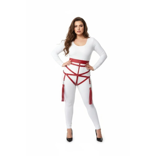 B�y�k Beden K�rm�z� Kad�n Harness Tak�m P�sk�l Detayl� Deri V�cut Aksesuar� - APFT397