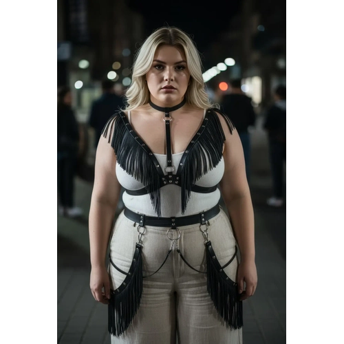 B�y�k Beden Siyah Kad�n Kemer P�sk�ll� Deri Harness V�cut Aksesuar� - APFT768