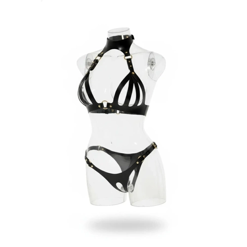 Siyah Harness Tak�m Deri Boyunluklu Metal Tokal� - APFT1089