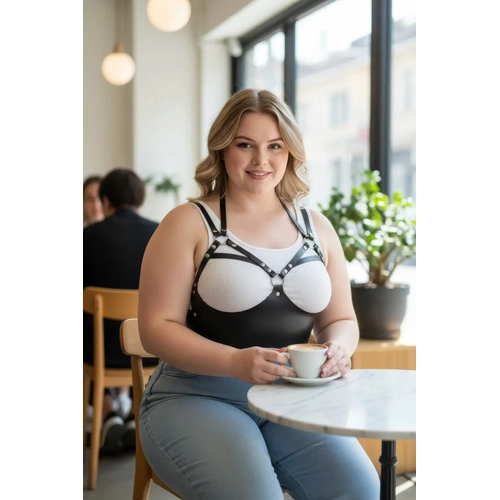 B�y�k Beden Siyah Kad�n Kemer Halka Detayl� Deri S�tyen Harness V�cut Aksesuar� - APFT872