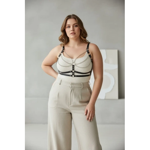 B�y�k Beden Siyah Kad�n Kemer Deri Zincir Detayl� V�cut Harness - APFT808
