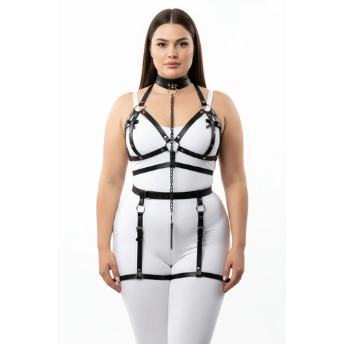 B�y�k Beden Siyah Kad�n Harness Tak�m Zincir Detayl� Deri Jartiyer Aksesuar - APFT457