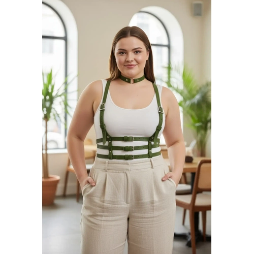 B�y�k Beden Haki Kad�n Deri Kemer �oklu Tokal� Harness V�cut Aksesuar� - APFT615