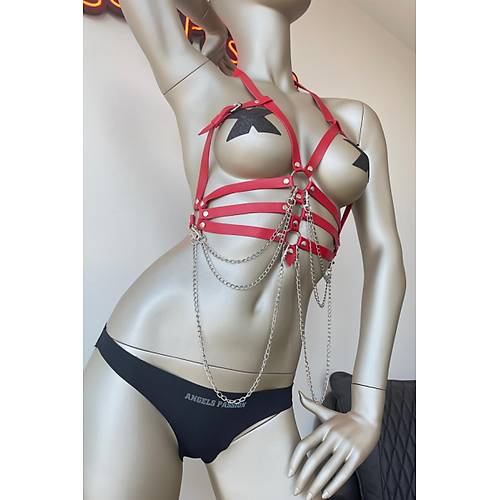 Krmz Deri Harness Fantazi Giyim