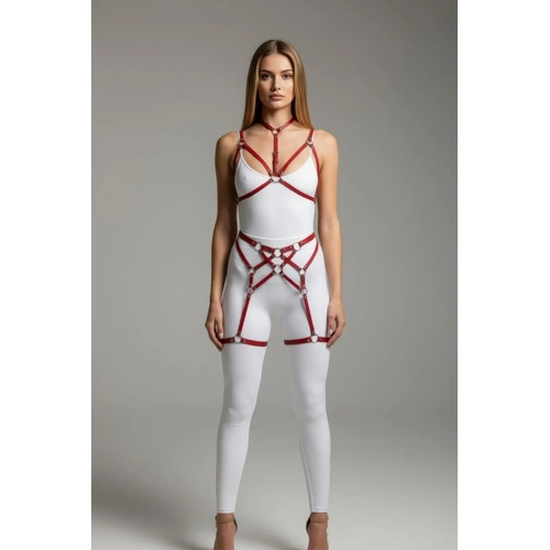K�rm�z� Jartiyer Harness Deri Halka Detayl� Boyunluklu V�cut Aksesuar� - APFT507