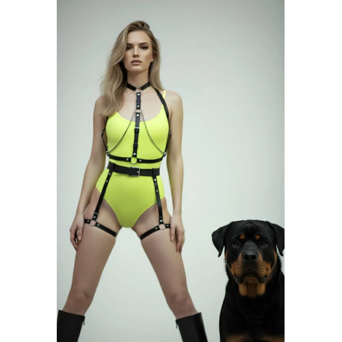 Siyah Harness Tak�m Zincir Detayl� Deri V�cut Aksesuar� - APFT1068