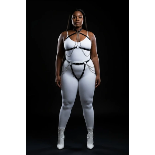 B�y�k Beden Siyah Kad�n Harness Tak�m Zincir Detayl� Deri V�cut Aksesuar� - APFT1084