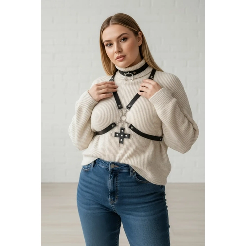 B�y�k Beden Siyah Kad�n Kemer Choker Yaka Ha� Detayl� Deri Harness - APFT404