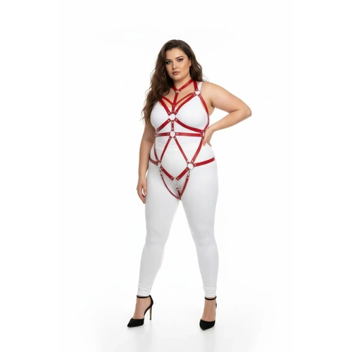 B�y�k Beden K�rm�z� Kad�n Harness Tak�m Halka Detayl� Deri Fantezi Aksesuar - APFT316