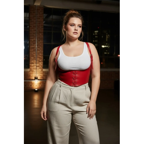 B�y�k Beden K�rm�z� Kad�n Kemer Ba�c�kl� Deri Korse Harness - APFT1428