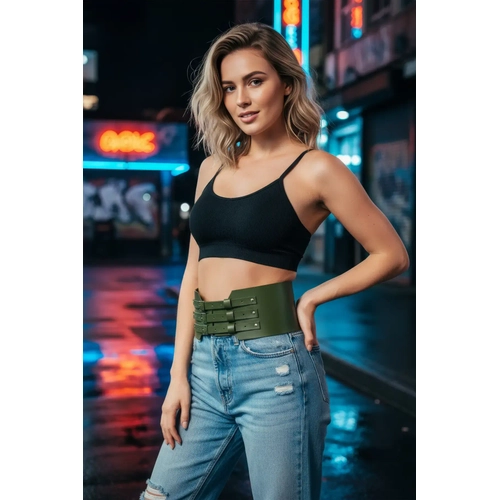 Haki Kad�n Kemer Geni� Korse Detayl� Bel Aksesuar� - APFT618