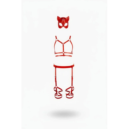 K�rm�z� Harness Tak�m Kedi Maskeli Deri Jartiyer Seti - APFT780