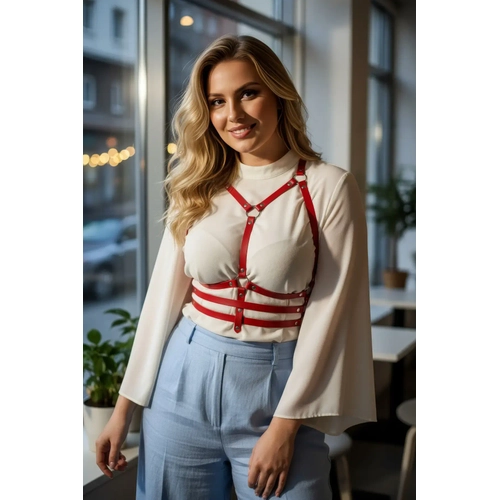 B�y�k Beden K�rm�z� Kad�n Kemer Korse Detayl� Deri Harness Aksesuar� - APFT543