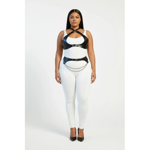B�y�k Beden Siyah Kad�n Harness Tak�m Zincir Detayl� Deri G�r�n�ml� Aksesuar - APFT1164