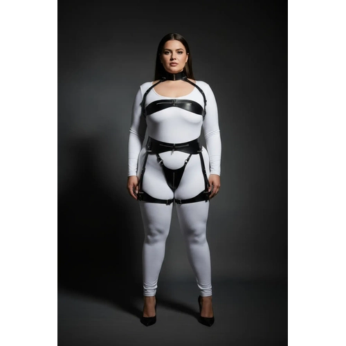 B�y�k Beden Siyah Kad�n Deri Harness Tak�m Jartiyerli Fantezi V�cut Aksesuar� - APFT1373
