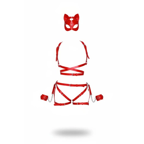K�rm�z� Harness Tak�m Deri Kedi Maskeli Zincir Detayl� - APFT1036
