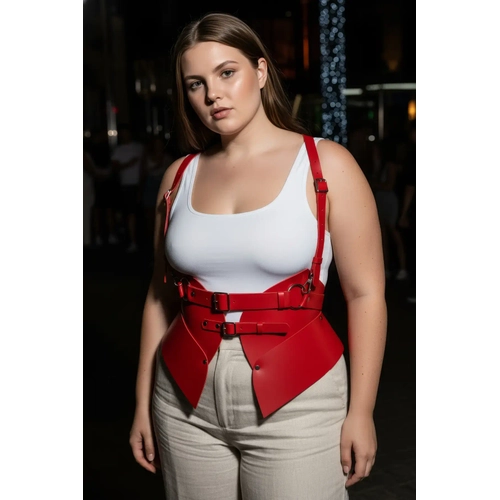B�y�k Beden K�rm�z� Kad�n Kemer Korse G�r�n�ml� Deri Harness V�cut Aksesuar� - APFT616