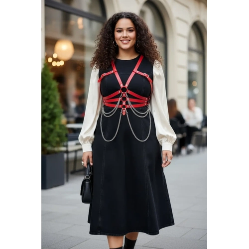B�y�k Beden K�rm�z� Kad�n Kemer Deri Harness Zincir Detayl� V�cut Aksesuar� - APFT9