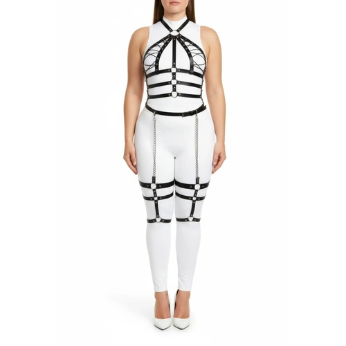 B�y�k Beden Siyah Kad�n Harness Tak�m Zincir Detayl� Full Body Deri Aksesuar - APFT698