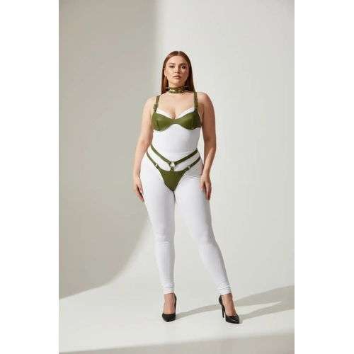 B�y�k Beden Haki Kad�n Harness Tak�m Deri S�tyenli, Tasma ve Halka Detayl� Fantezi Aksesuar - APFT1298