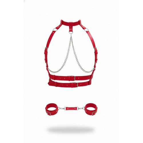 K�rm�z� Harness Tak�m Zincir Detayl� Deri V�cut Seti - APFT720