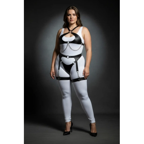 B�y�k Beden Siyah Kad�n Harness Tak�m Zincir Detayl� Jartiyerli V�cut Aksesuar� - APFT1330