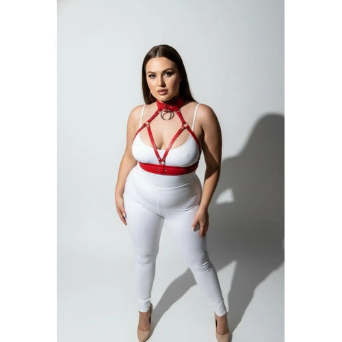 B�y�k Beden K�rm�z� Kad�n Harness Tak�m Fantezi Deri Yaka Detayl� V�cut Aksesuar� - APFT841