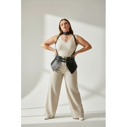 B�y�k Beden Siyah Kad�n Deri Kemer Boyun Ba�lant�l� Korse Harness - APFT622