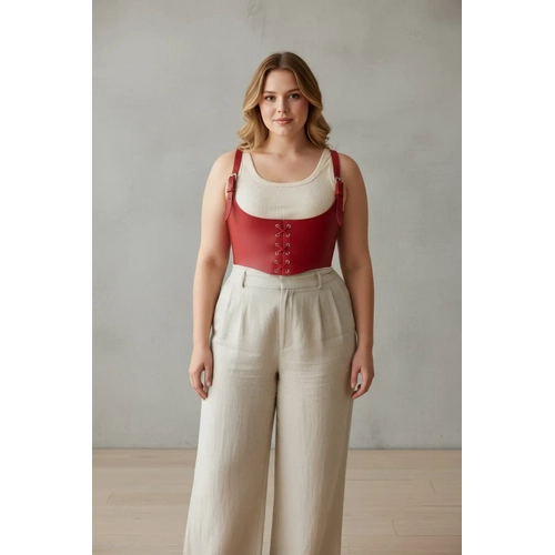 B�y�k Beden K�rm�z� Kad�n Kemer Ba�c�kl� Deri Korse Harness - APFT1428