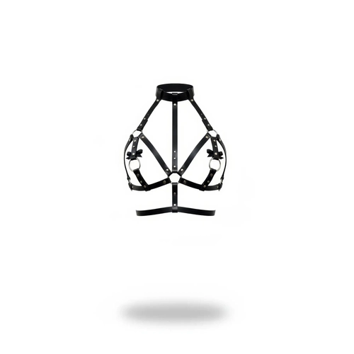 Siyah G���s Harness Suni Deri Fiyonk Detayl� Y�ksek Yaka - APFT473