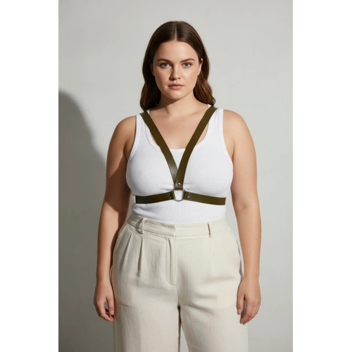 B�y�k Beden Haki Kad�n Kemer Deri Harness Halka Detayl� V�cut Aksesuar� - APFT633