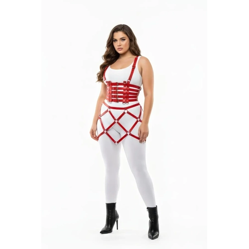 B�y�k Beden K�rm�z� Etek B�stiyer G�r�n�ml� Kafes Tasar�m Deri Harness - APFT785