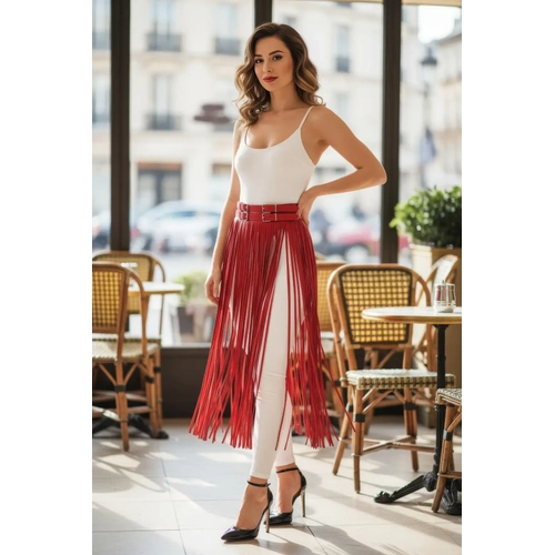 K�rm�z� Etek P�sk�ll� Suni Deri Etek Y�ksek Bel Etek - APFT1090