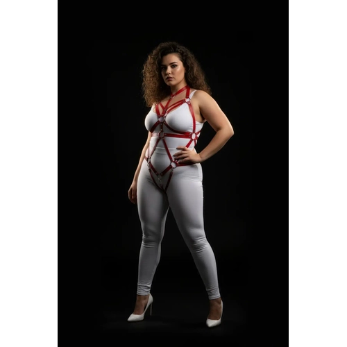 B�y�k Beden K�rm�z� Kad�n Harness Tak�m Halka Detayl� Deri Fantezi Aksesuar - APFT316