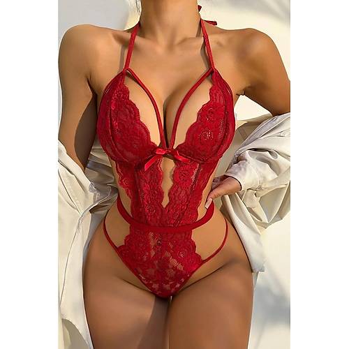 k Krmz Dantelli Babydoll Gecelik TM1302