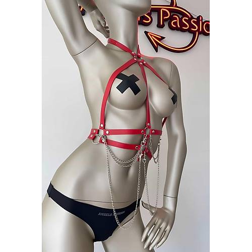 Krmz ve Zincir Detayl k Deri Harness