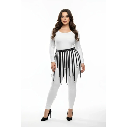 B�y�k Beden Siyah Deri Harness Etek Metal Halkal� Fantazi Kombin - APFT579
