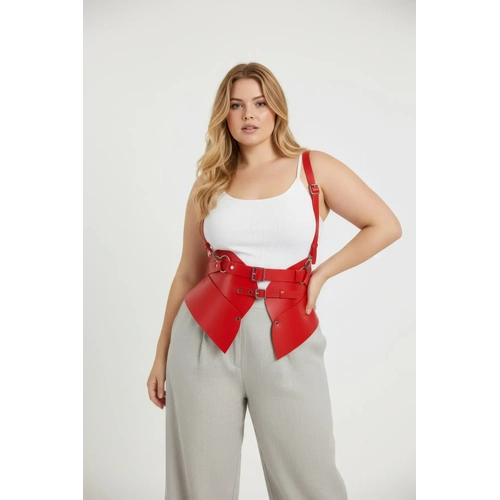 B�y�k Beden K�rm�z� Kad�n Kemer Korse G�r�n�ml� Deri Harness V�cut Aksesuar� - APFT616