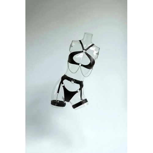 Siyah Harness Tak�m Zincir Detayl� Jartiyerli Suni Deri - APFT1330