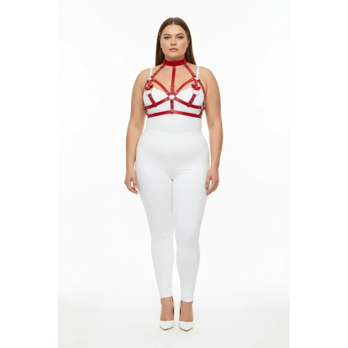 B�y�k Beden K�rm�z� Kad�n Harness Tak�m Deri G���s Aksesuarl� Halka Detayl� - APFT473