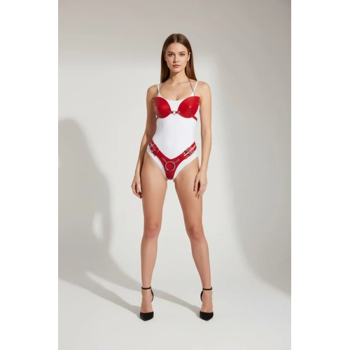 K�rm�z� Harness Tak�m Parlak Deri Zincir Detayl� Badi - APFT1223