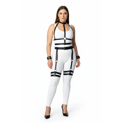 B�y�k Beden Siyah Kad�n Harness Tak�m Jartiyerli Deri V�cut Aksesuar� - APFT697