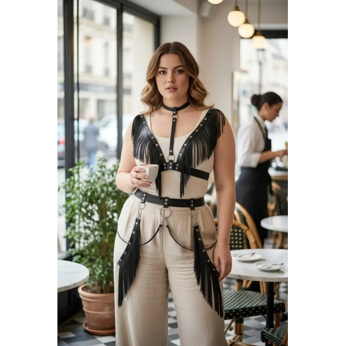 B�y�k Beden Siyah Kad�n Kemer P�sk�ll� Deri Harness V�cut Aksesuar� - APFT768