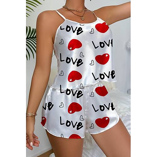 Love Desenli Beyaz Saten ortlu Gecelik Takm